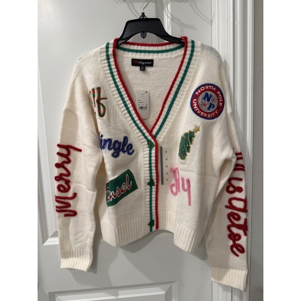 Women's Holiday Patchwork Festive Graphic Cardigan Size Medium RARE - Picture 3 of 6